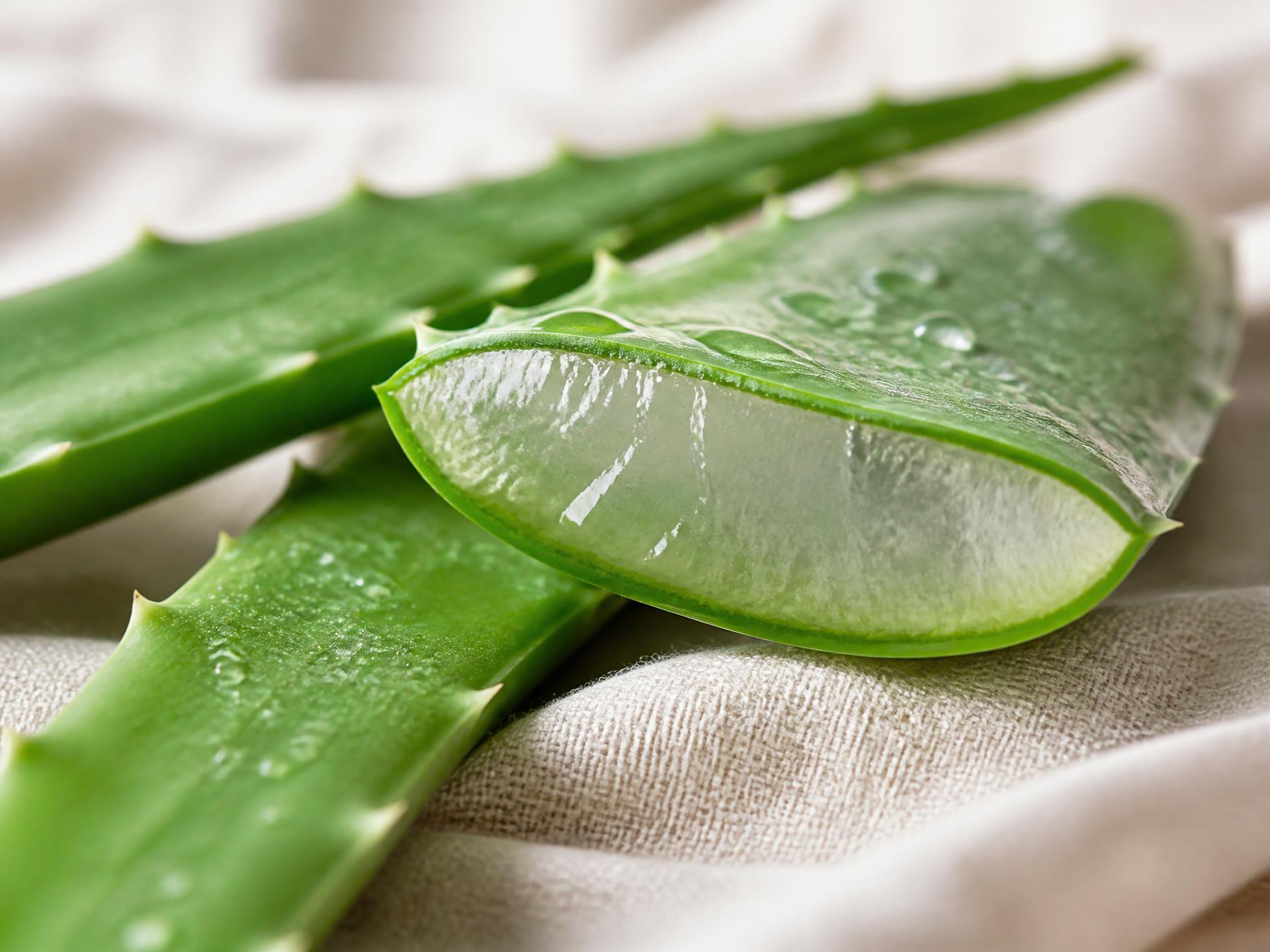 Feuille d'aloe vera coupée laissant apparaître son gel translucide