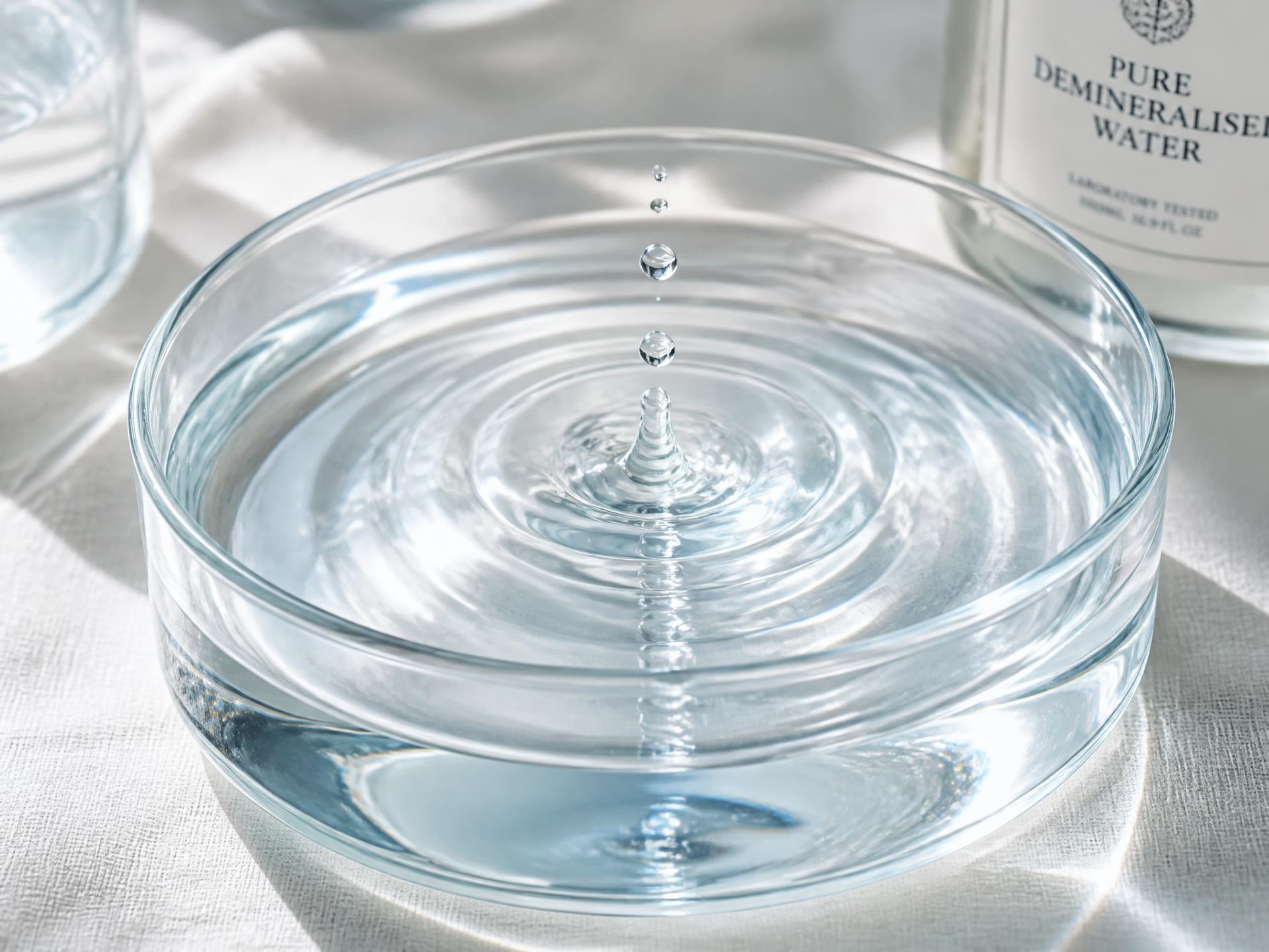 Eau déminéralisée pure dans une coupelle en verre sur lin ivoire