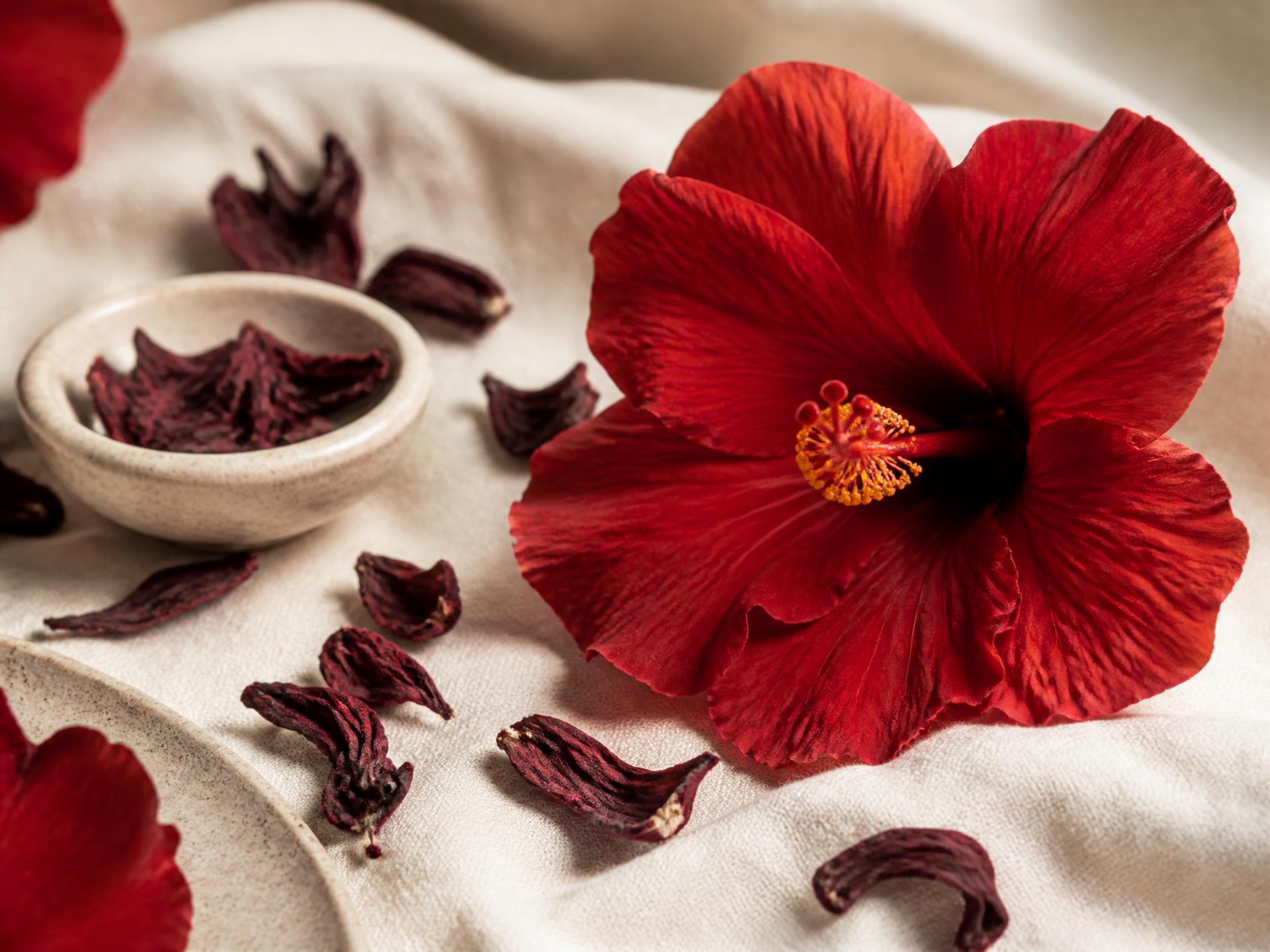 Fleur d'hibiscus rouge et pétales séchés sur lin ivoire