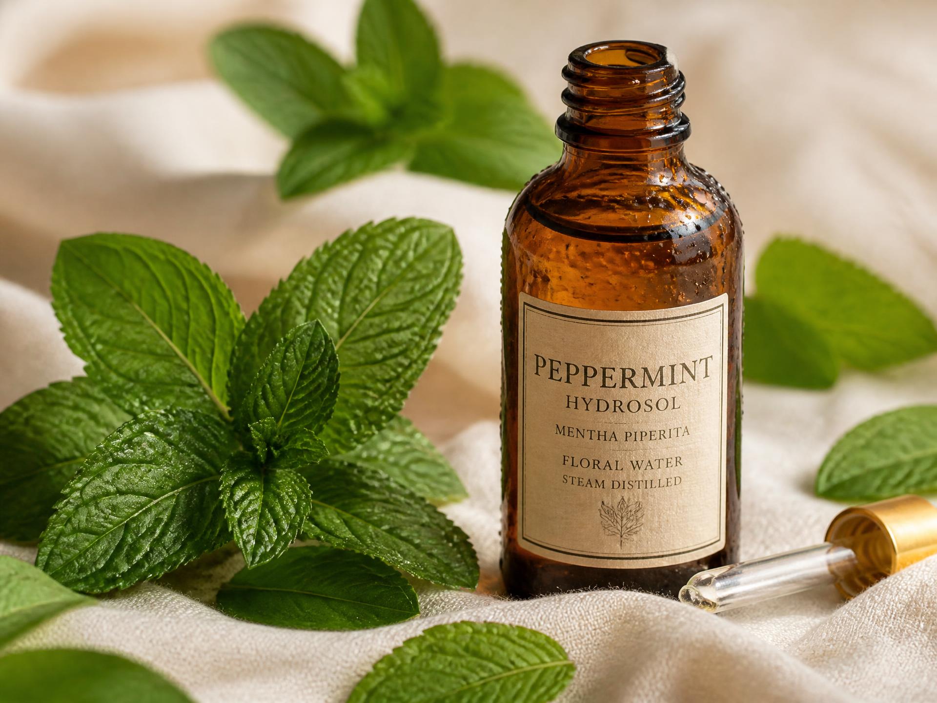 Hydrolat de menthe poivrée en flacon ambré et feuilles de menthe fraîche