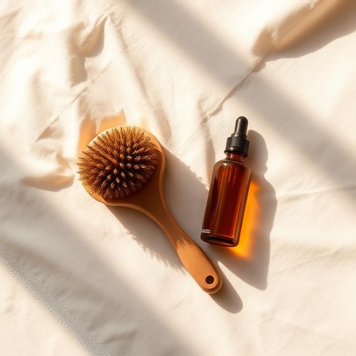 Brosse en bois et flacon de lotion posés sur du lin crème