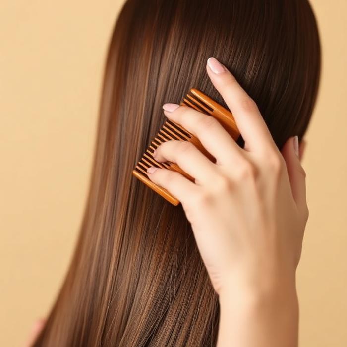 Cheveux longs et brillants coiffés avec un peigne en bois